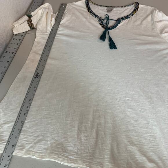 Chico's Tunic Top Size 4 3/4 Sleeve Tie Neck Tassel XXL Ecru Boho Cream Modal - Picture 2 of 15